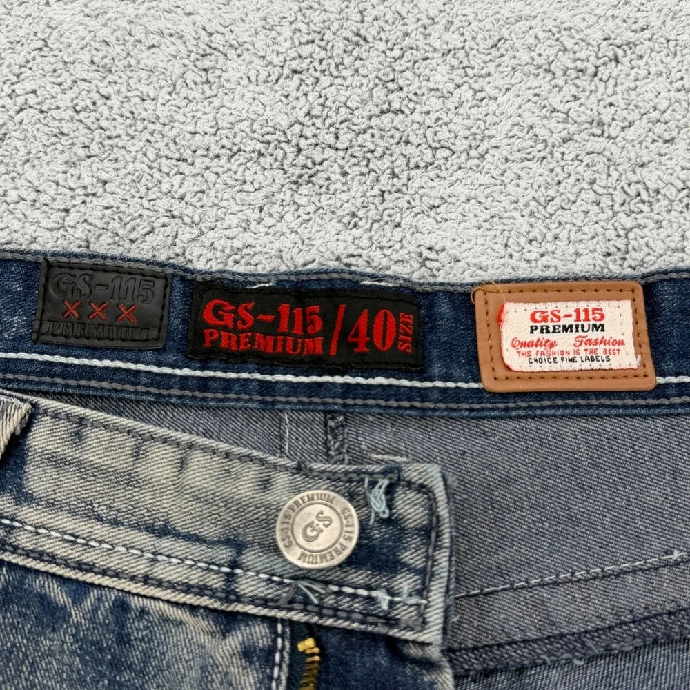 GS-115 Jean Short Mens 40 Blue Baggy Stitched Flap Pocket Distressed Hip Hop Y2K